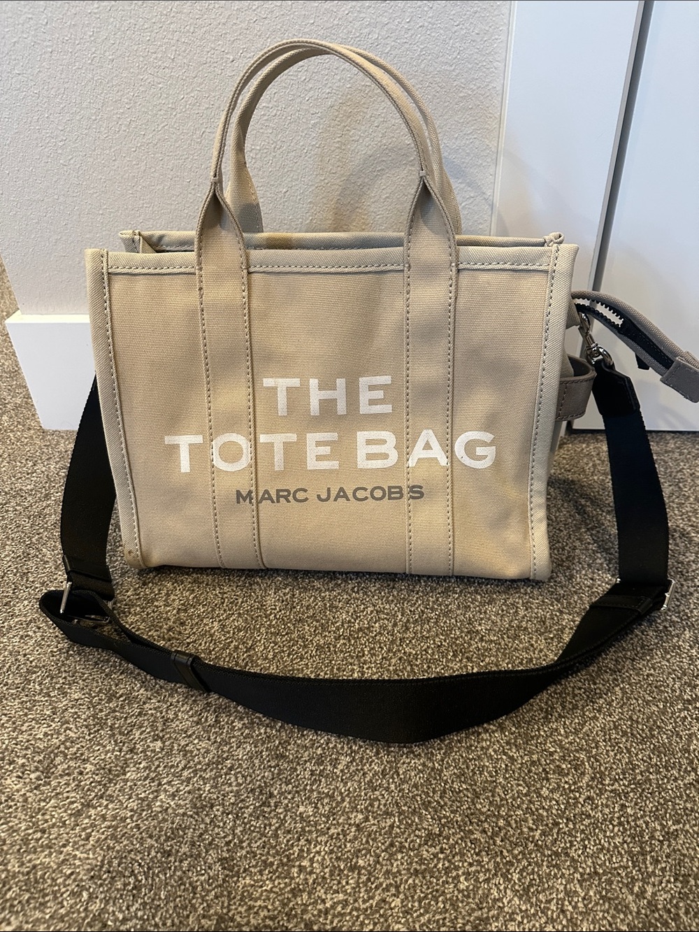 Marc Jacobs Beige Canvas Tote with Black Strap and White Logo